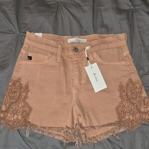 KanCan Tan Lace Trim Jean Shorts